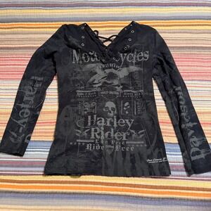 Harley Davidson Womens Long Sleeve Lace Up Graphic Top Black Studded Skull Large